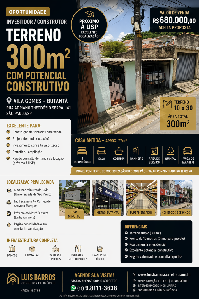 OPORTUNIDADE RARA NO BUTANTÃ – TERRENO 300m² COM POTENCIAL CONSTRUTIVO | PRÓXIMO À USP