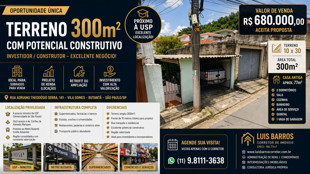 OPORTUNIDADE RARA NO BUTANTÃ – TERRENO 300m² COM POTENCIAL CONSTRUTIVO | PRÓXIMO À USP
