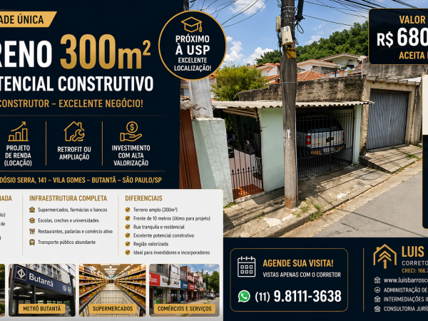 OPORTUNIDADE RARA NO BUTANTÃ – TERRENO 300m² COM POTENCIAL CONSTRUTIVO | PRÓXIMO À USP