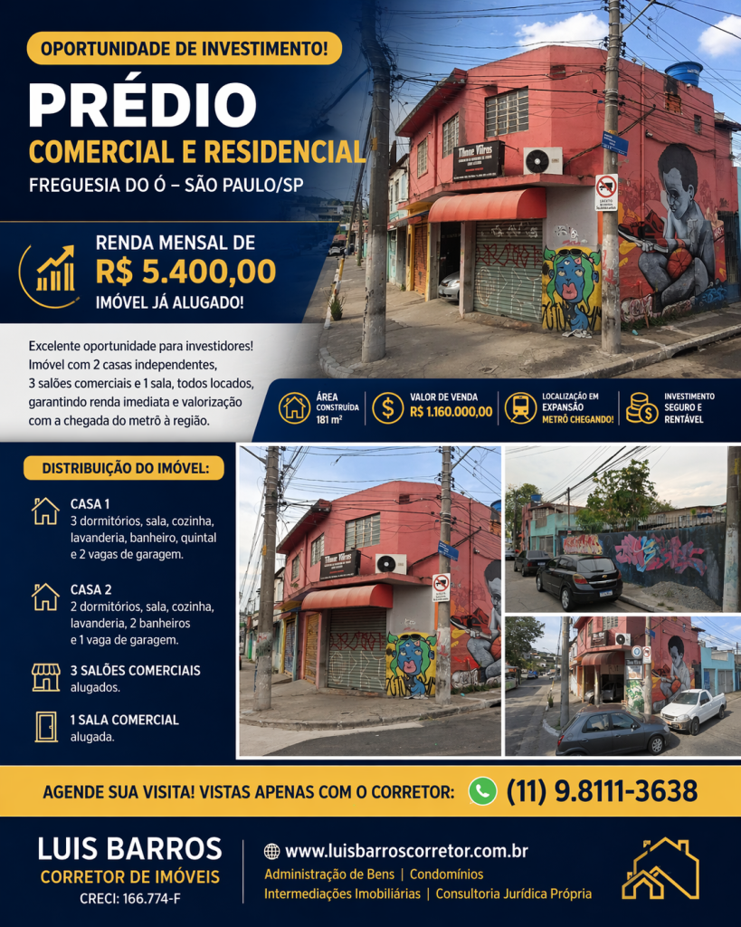 SOBRADO PARA RENDA NA FREGUESIA DO Ó – ALTA RENTABILIDADE + VALORIZAÇÃO GARANTIDA!