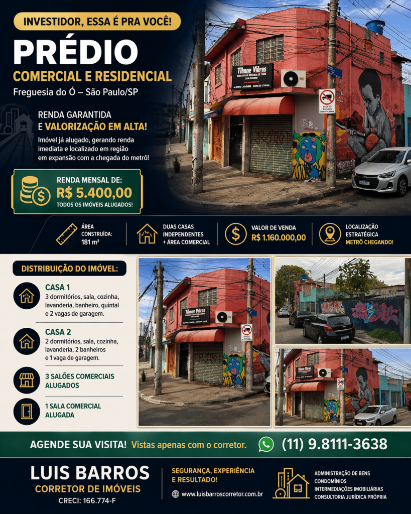 SOBRADO PARA RENDA NA FREGUESIA DO Ó – ALTA RENTABILIDADE + VALORIZAÇÃO GARANTIDA!