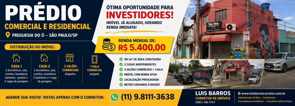 SOBRADO PARA RENDA NA FREGUESIA DO Ó – ALTA RENTABILIDADE + VALORIZAÇÃO GARANTIDA!