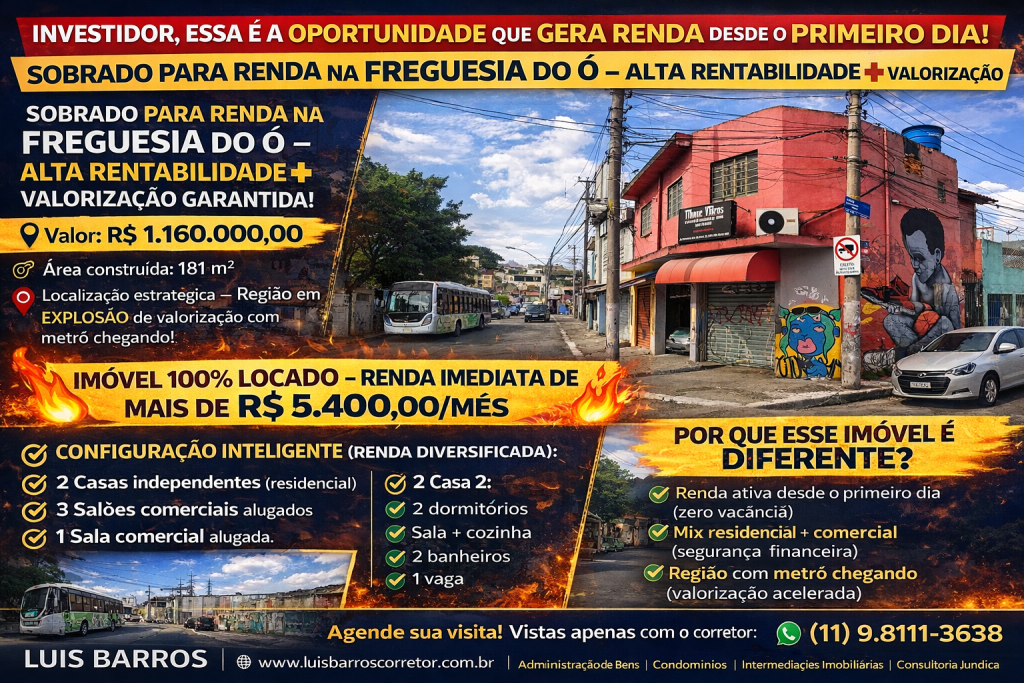 SOBRADO PARA RENDA NA FREGUESIA DO Ó – ALTA RENTABILIDADE + VALORIZAÇÃO GARANTIDA!