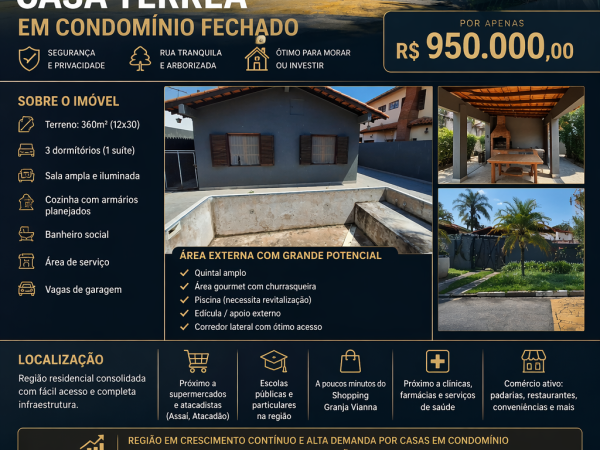 CASA TÉRREA EM CONDOMÍNIO – OPORTUNIDADE COM POTENCIAL DE VALORIZAÇÃO EM COTIA!