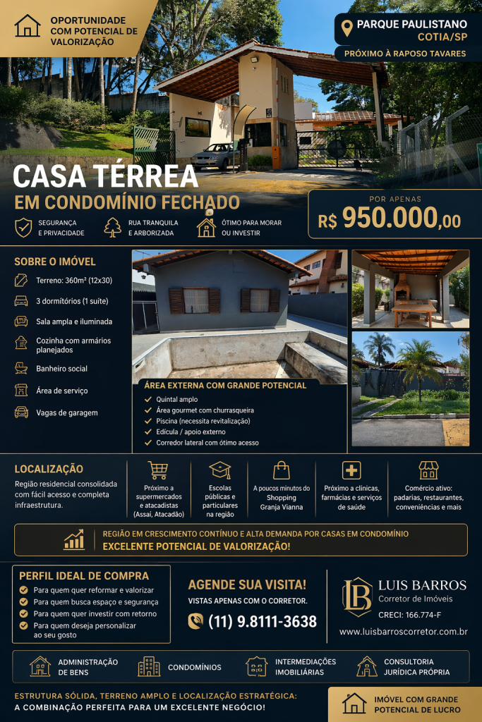 CASA TÉRREA EM CONDOMÍNIO – OPORTUNIDADE COM POTENCIAL DE VALORIZAÇÃO EM COTIA!