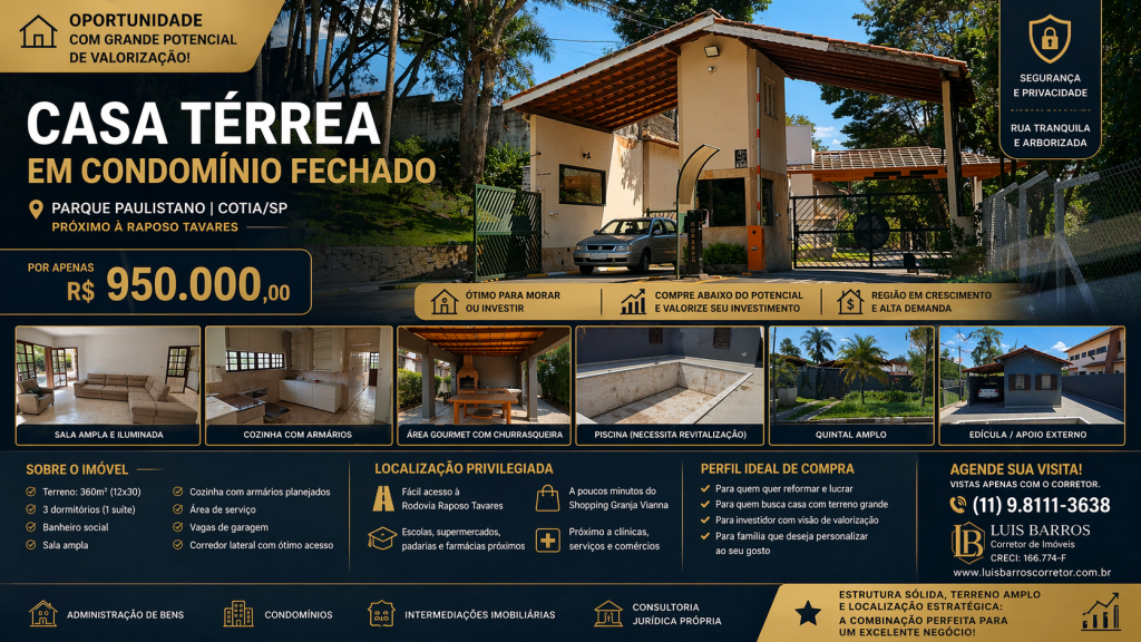 CASA TÉRREA EM CONDOMÍNIO – OPORTUNIDADE COM POTENCIAL DE VALORIZAÇÃO EM COTIA!